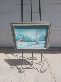 Original Small vintage framed cabin in winter snow signed oil on canvas painting