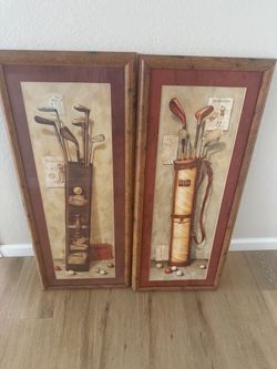 2) tall, antique looking golfing pictures