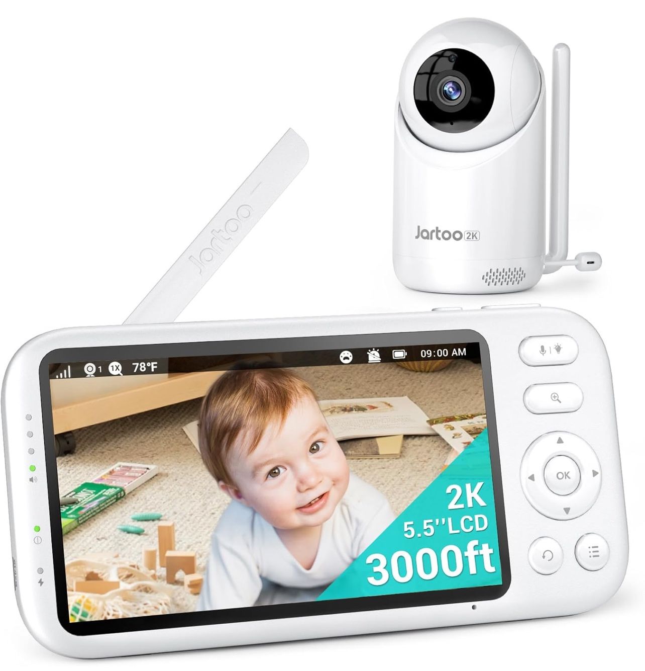 2K Video Baby Monitor with Camera and Audio, 3000ft Long Range Baby Monitor No WiFi 5.5" FHD Screen ANC Baby Camera Wireless, Feeding Clock, Night Vis