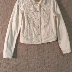 XS White Embroidered Flowers Jean Jacket Silver Snaps Pilcro and the Letterpress