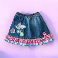 Oilily Embroidered Gingham Check Ruffled Denim Skirt, Size 98/ 3T-4T, Blue