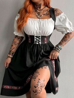 Plus size Halloween Cottage Punk Goth Plus Size Dark Style Contrast Color Embroidered Drawstring Lace-Up 2 In 1 Dress