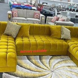 Brand New/ Yellow Velvet Double Chaise Sectional, Seccional, Couch 