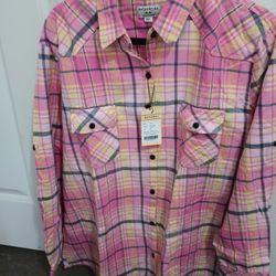 Matchstick Women's Flannel Shirt Roll Up Long Sleeve Collared Button Down Plaid Casual Blouse, Size: 2XL, Pink