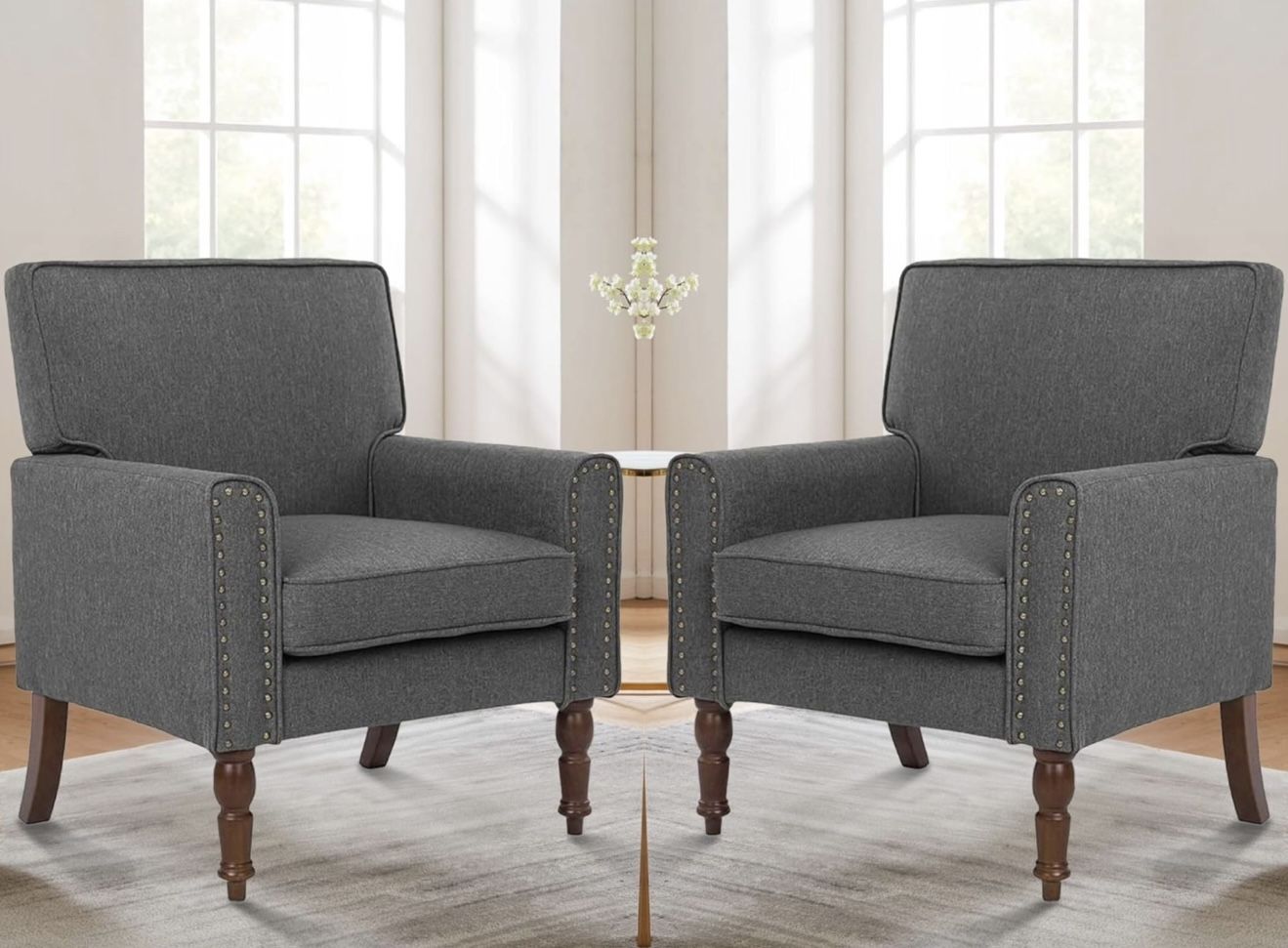 Set Of 2 Armchair Fabric Linen Gray