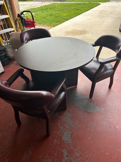 Round Dark Wood Table with 3 Leather Chairs