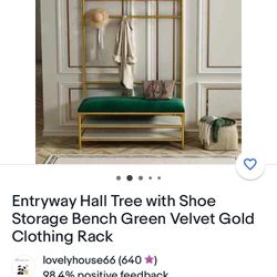 Entryway Hall Tree With Shoe Storage Bench Green Velvet Gold Clothing Rack 