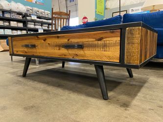 Rustic Acacia Coffee Table with Dual Sided Drawers and Black Legs