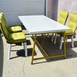 Modern Luxury Dining Set – White Wood Table + Olive Velvet Chairs (Set of 4) | Gold Base 