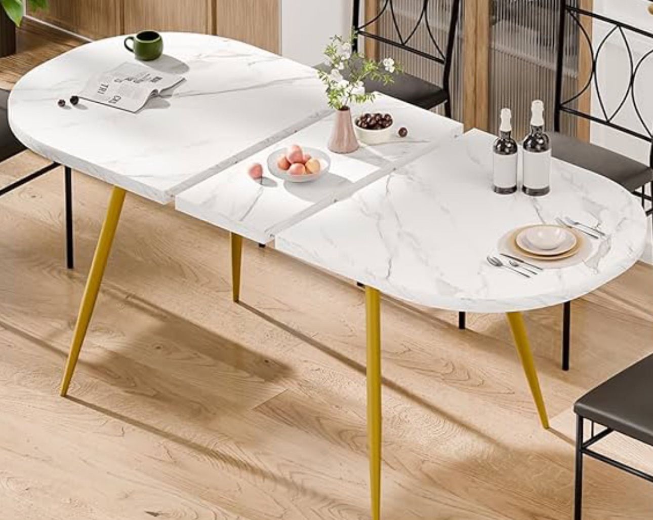 Extendable Modern Dining Table With Gold Legs