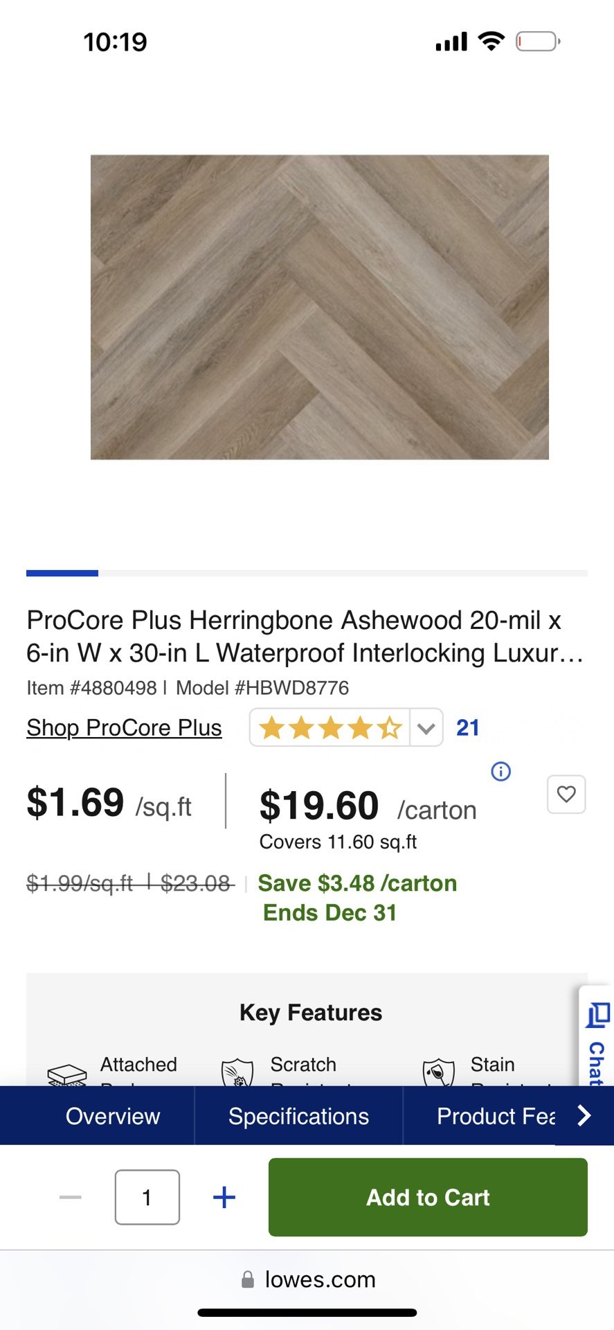 ProCore Plus Herringbone Ashewood 20-mil x 6-in W x 30-in L Waterproof Interlocking Luxury Vinyl Plank Flooring Item #(contact info removed) |