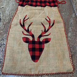 Christmas Burlap/flannel reindeer gift sack 20 inches wide and 29 inches tall Drawstring