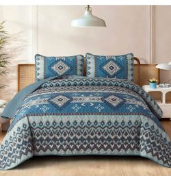 Queen Size, Aztec Western Blue Quilt Bedspread Set, 3 Pieces Bohemian Southwestern Stripe Bedding Set Soft Lightweight Coverlet Set for All Season
