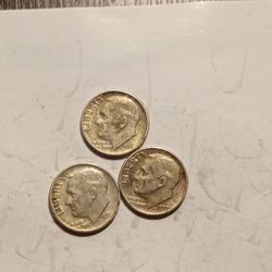 3 Toned Roosevelt Dimes. 90% Silver