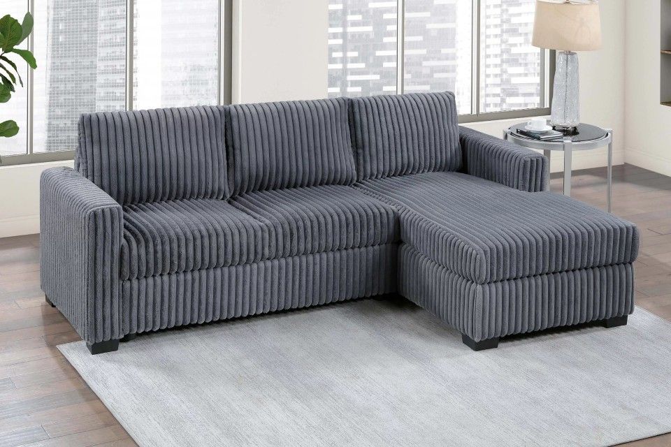 ✅️✅️2 pc dark grey fur like wide welt corduroy sectional sofa with chaise✅️✅️