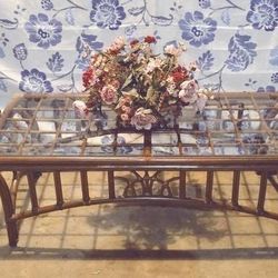 Vintage Boho Rattan Glass Top Coffee Table