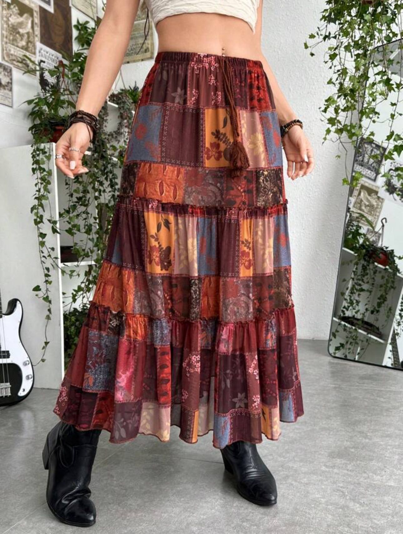 patchwork print maxi skirt