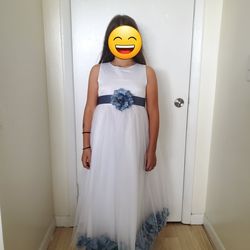 New! White Floral Blue Rose Petals Girl Dress