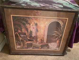 Vintage Framed Tropical Patio Art - Casa Cubana - Bamboo Frame - Statement Wall Art