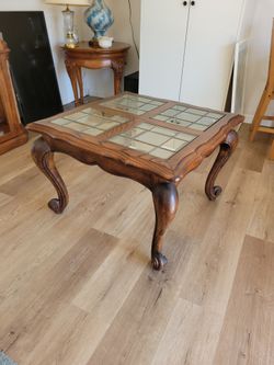 Solid Oak Side Table with Leaded Glass