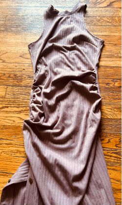 Mauve bodycon dress with ruched detailing and button-up details size small