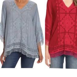 Johnny Was Embroidered RENEE Crochet Lace Trim Tunic (XS-S) 3/4Sleeve