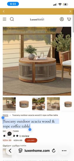 Tuscany outdoor acacia wood & rope coffee table 247 $150