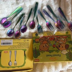 2 New DEHOV “Forest Feast” Kids Fork & Spoon Sets – 12pc Each