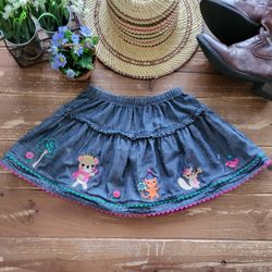 5T DARK CHAMBRAY CUTE ANIMAL EMBROIDERY SKIRT