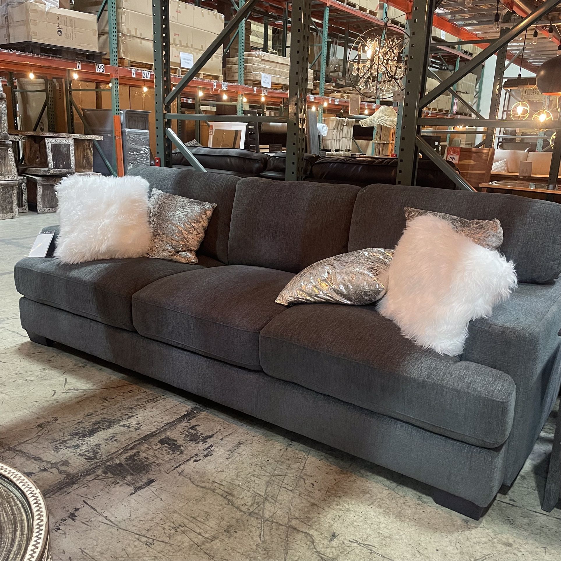 Grey Fabric Plush Sofa W/ Decor Pillows - Silo