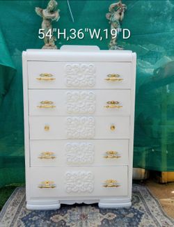 Vintage waterfall tallboy 5 drawer wood dresser