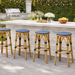 New PURPLE LEAF Set of 4 30” Patio Round Bar Stools Outdoor Backless Barstools Woven Rattan Bar Chair for Indoor Kitchen Island Bistros Cafe Restauran