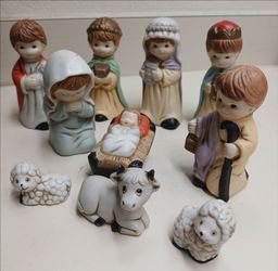Vintage Child Figurine Bisque Porcelain Nativity Set 10 Pieces *20.00 Firm* Christmas Religion Bible