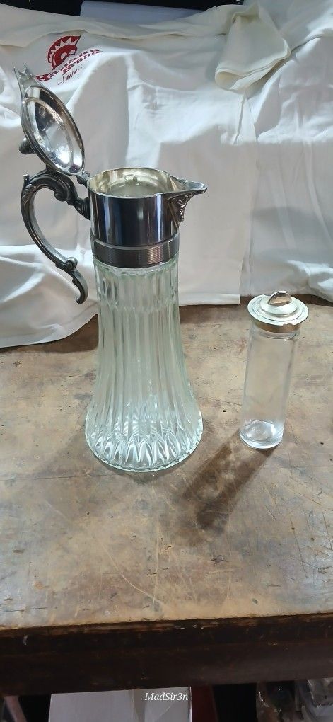 Antique Heavy Unique Crystal and Silver Pitcher w/hinged Lid Excellent Condition