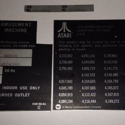 Arcade Cabinet original back label and serial number for Championship Sprint