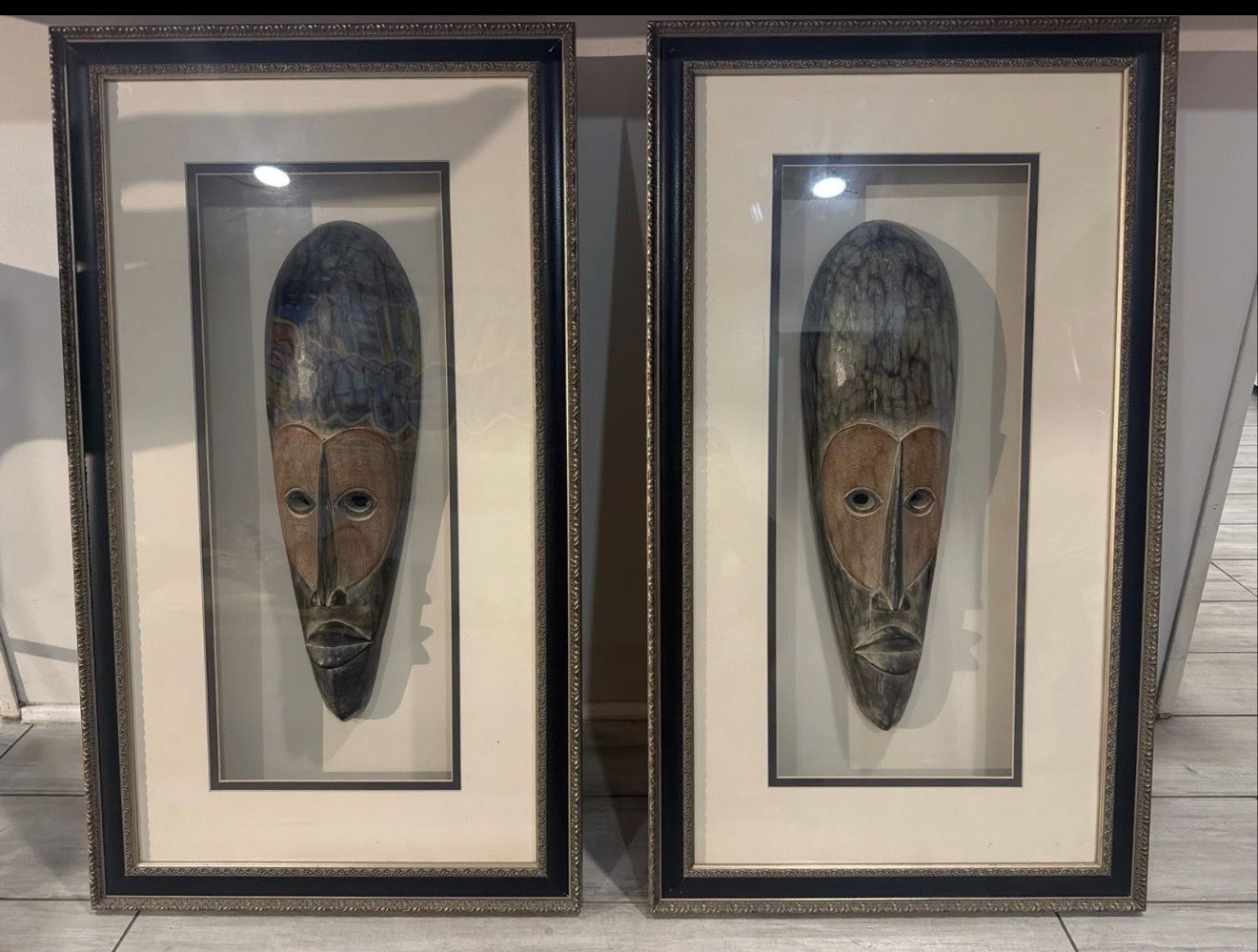 African Fang Mask Ngil Hand Carved In Ghana Framed Shadow 2x Box 33x19x3