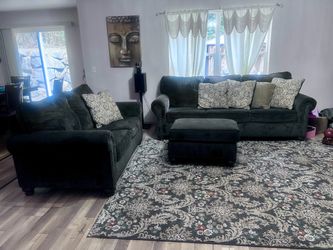 3-Piece Charcoal Fabric Sofa, Loveseat, and Ottoman Set with Nailhead Trim