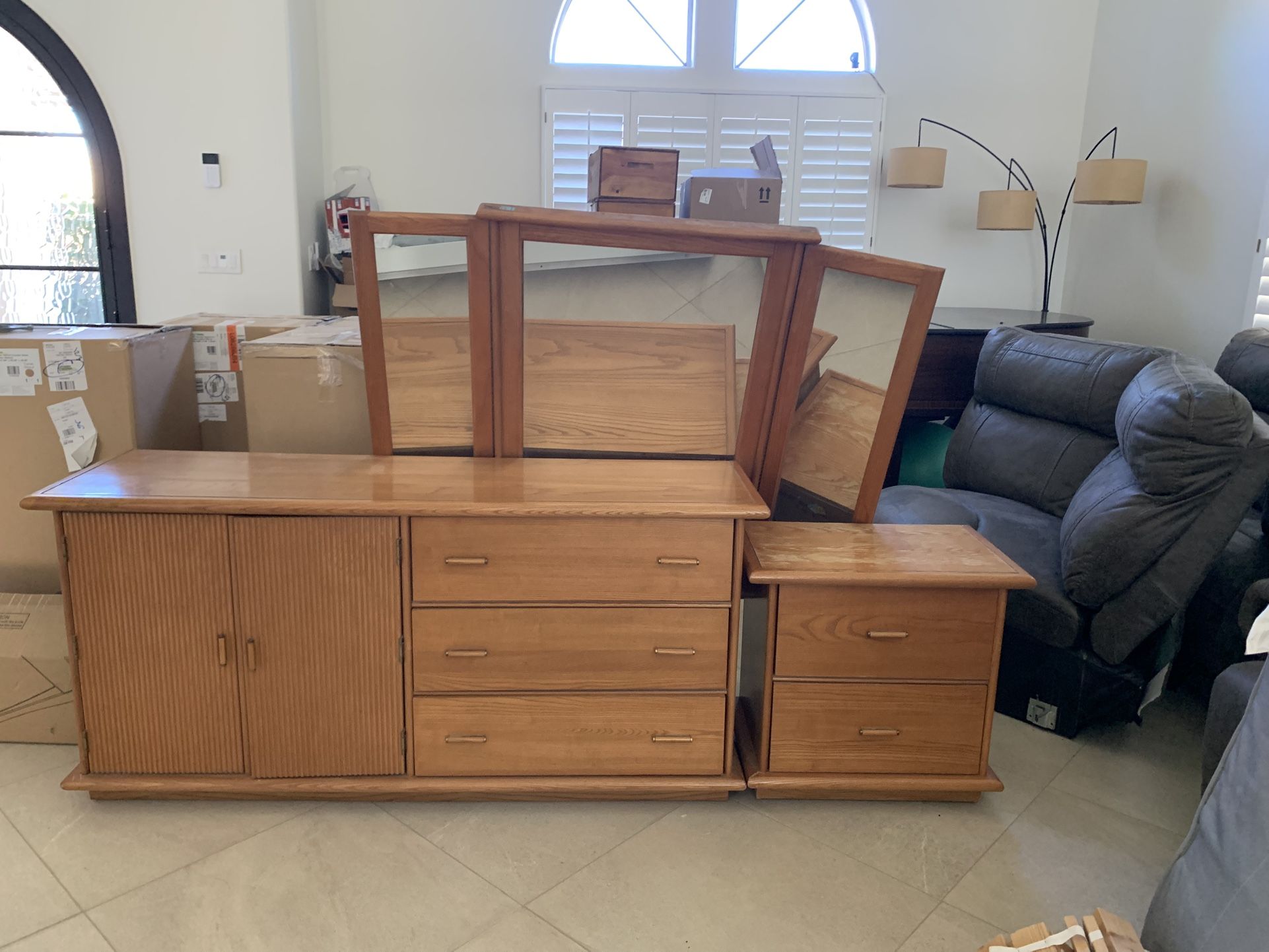 Five Piece Bedroom Set. Two Dressers-one tall One/ Short One Has A Mirror-two Night Stands