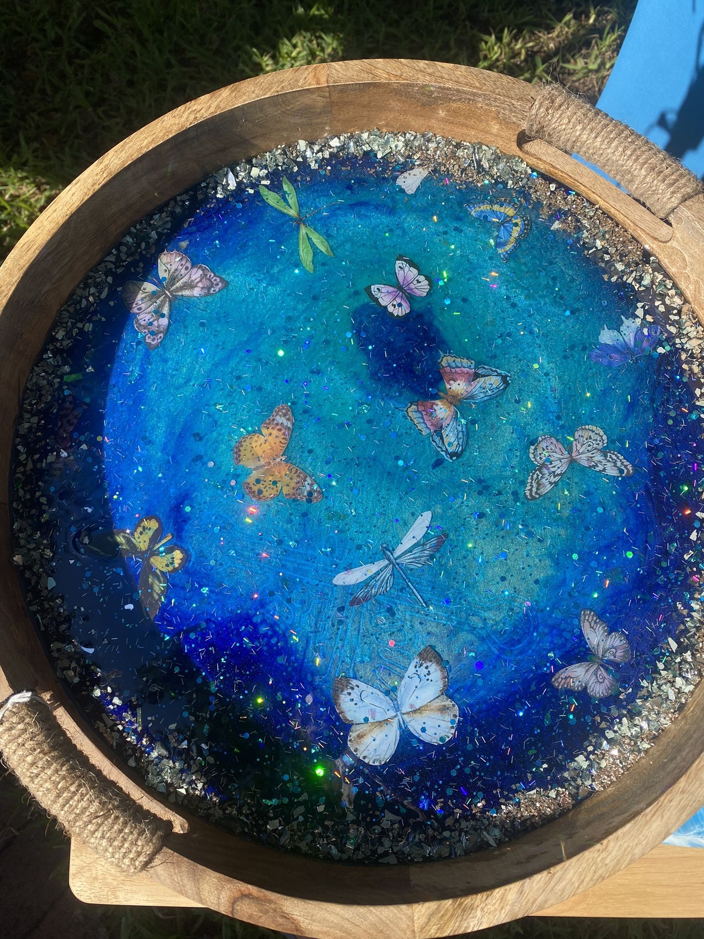 Ha D Made Tray Large Wood With Resin Butterflies A D Sparkle