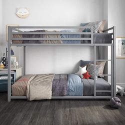DHP Miles Low Metal Bunk Bed Frame for Kids, With Built-in Ladder, High Guardrail and Metal Slats, Floor Bed Bottom Bunk, No Boxspring Required, For S
