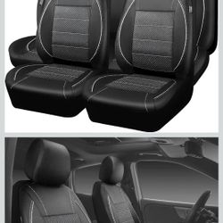Pipping Leather Full Set Car Seat Covers,  Black Silver. Universal Fit