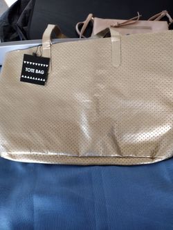 Beige Perforated Faux Leather Tote Bag