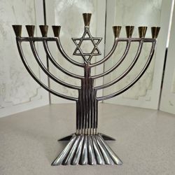 Small Menorah - Steel With Brass Candle Holders