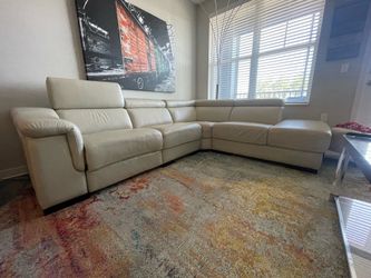 Beige Top Grain Leather Sectional Recliner
