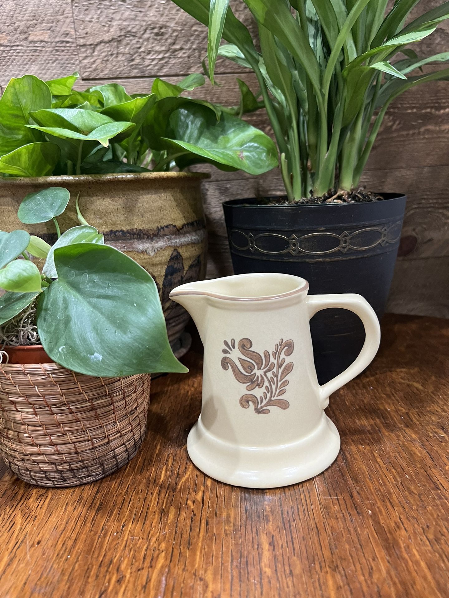 Vintage Pfaltzgraff Creamer Heritage Boho Accent Floral Off White Brown Plant Pot Storage Crock