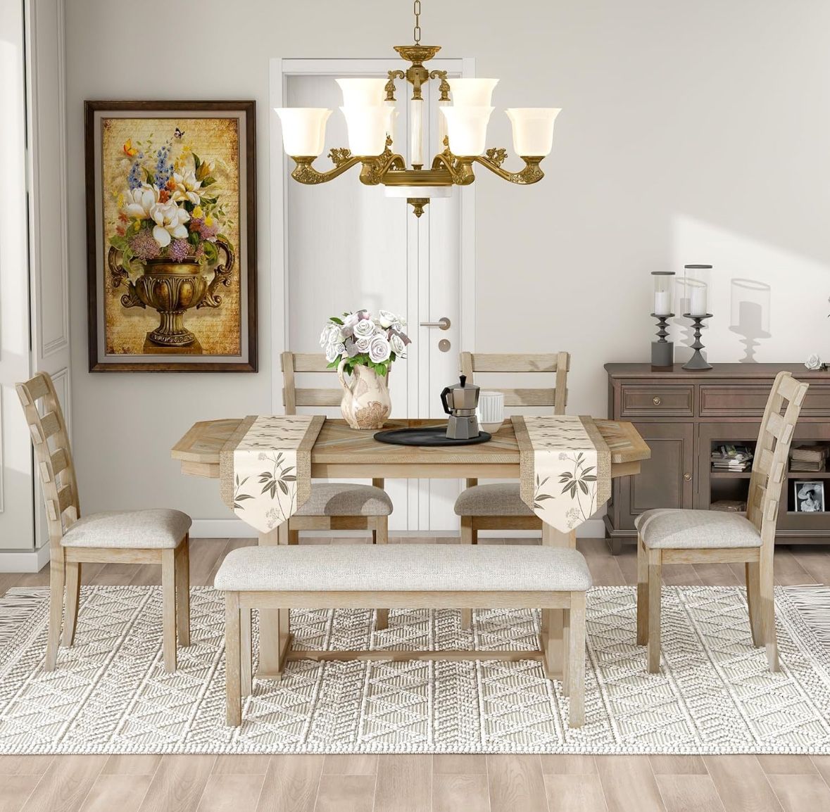 6Pc Natural Wood Dining Set - 60" Rubber Wood Dining Table  / 4-Dining Chairs / Bench  (Natural Wood Wash) [NEW]    <Assembly Req> 