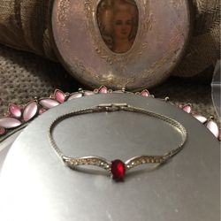Pretty !!! Silver Bracelet With Crystal Stones & Red Ruby Center Stone 