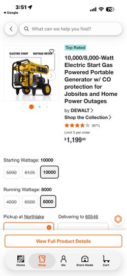 DEWALT 10,000/8,000-Watt Portable Gasoline Generator with Electric Start and CO Protection, for Job Sites