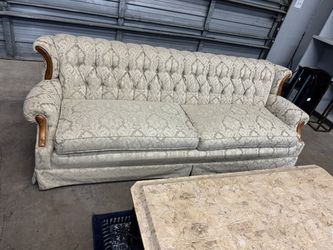 Vintage Tufted Damask Sofa / Traditional Carved Wood Accent Sofa