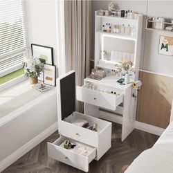 Make Up Vanity Desk with Mirror and Lights, White Vanity Table Set with Charger Station, Small Vanity and Storage Chair